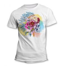 Tee-Shirt Tête de Mort Plumes Fleurs